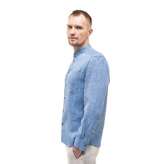 Blue Men`s Linen Band Collar Shirt
