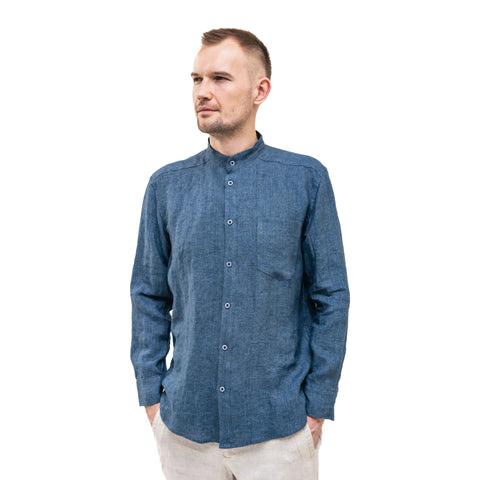 Vīriešu lina krekls ar stāvkrāgu (tumši zils)