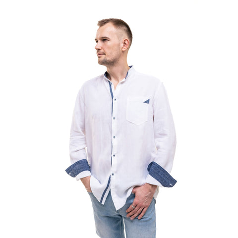 Men`s linen band collar shirt in White with blue